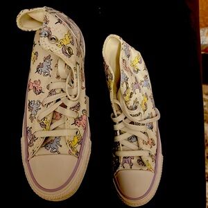 Girls Converse, size 3.5, white and moonstone colored with a unicorn print.
